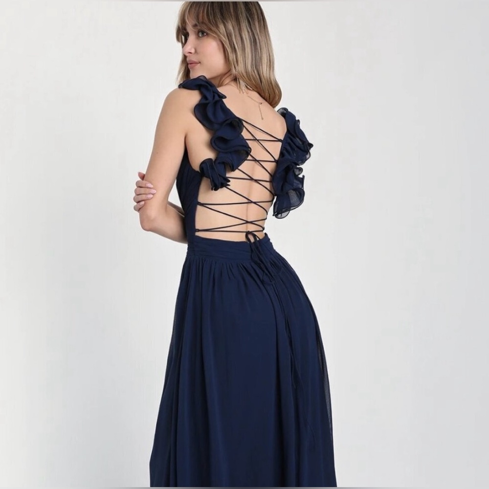 Lulu’s Navy Blue Lace Up Ruffle Maxi Dress-Size Medium